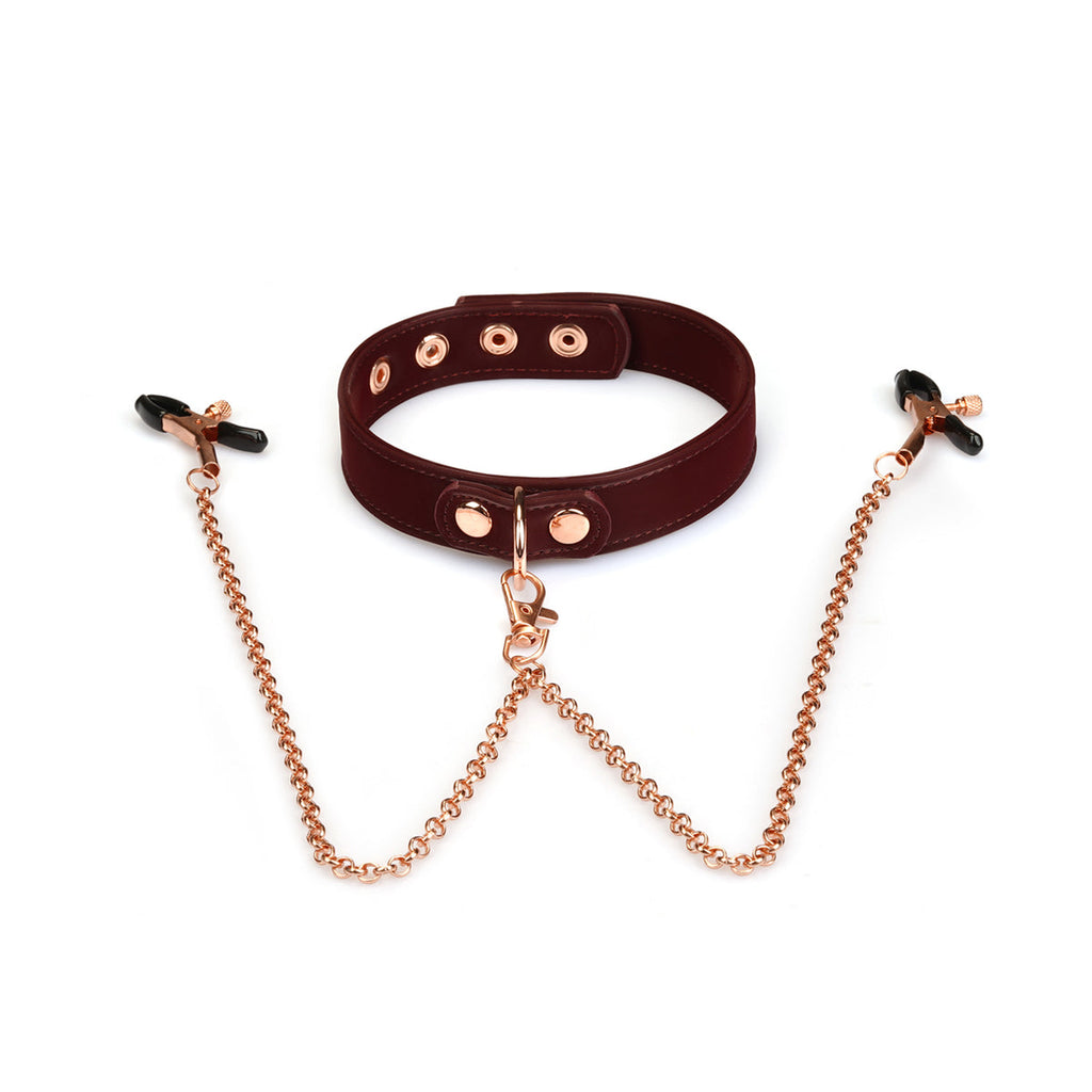 WINE LEATHER COLLAR WITH NIPPLE CLAMPS